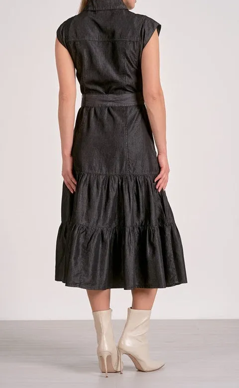 Black Belted Cap Sleeve Tiered Midi Dress