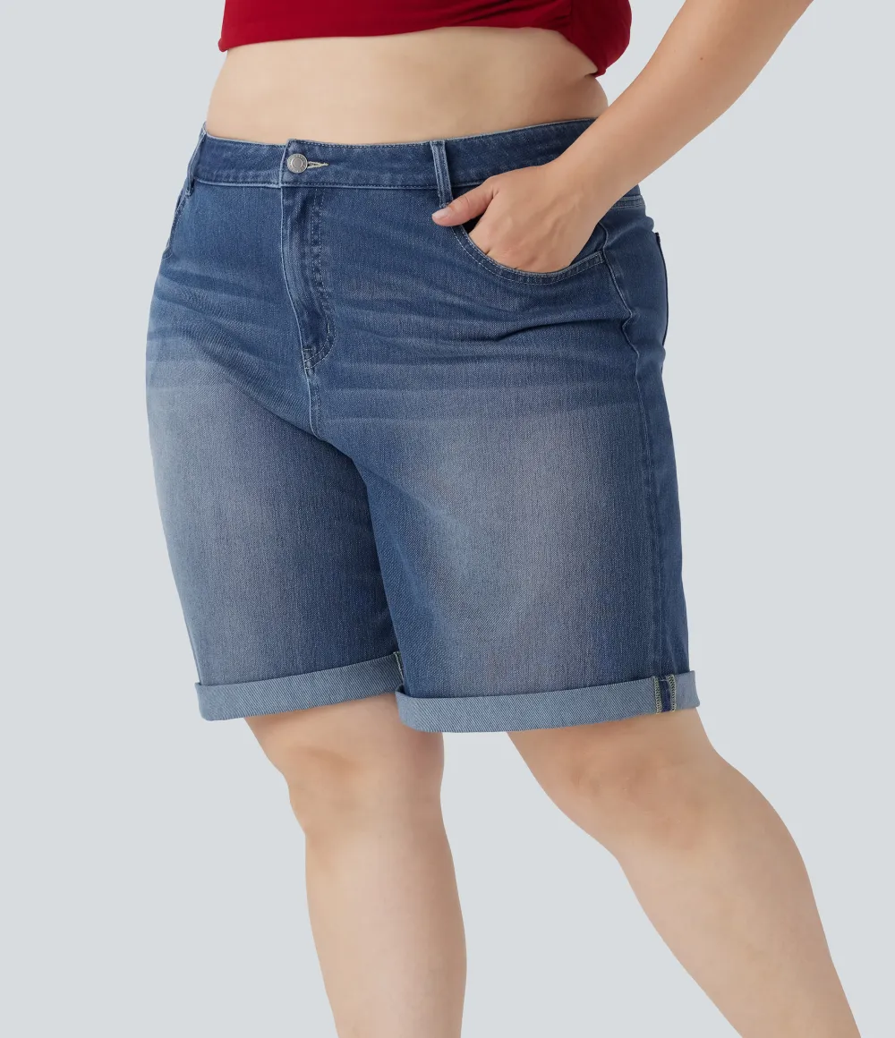  High Waisted Multiple Pockets Rolled Hem Washed Stretchy Knit Denim Casual Plus Size Bermuda Shorts