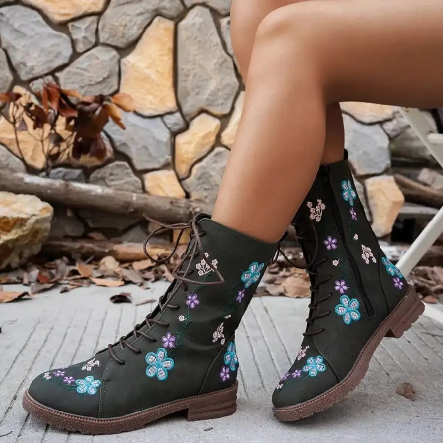 Textured Round Toe Block Heels Boots