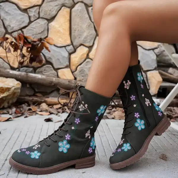 Textured Round Toe Block Heels Boots