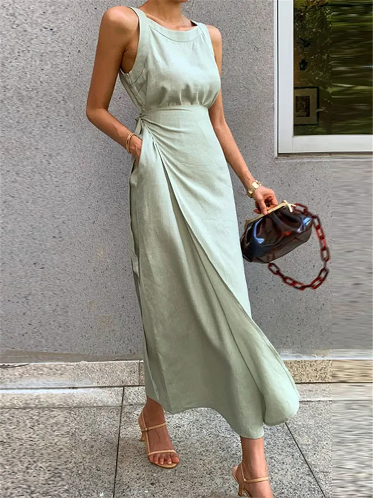 Sleeveless Lace Trim Linen Blend Maxi Dress