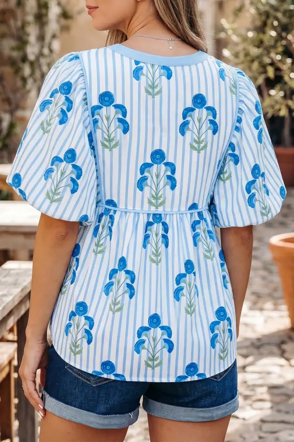 Women's Floral Print Puff Sleeve Tie Neck Top