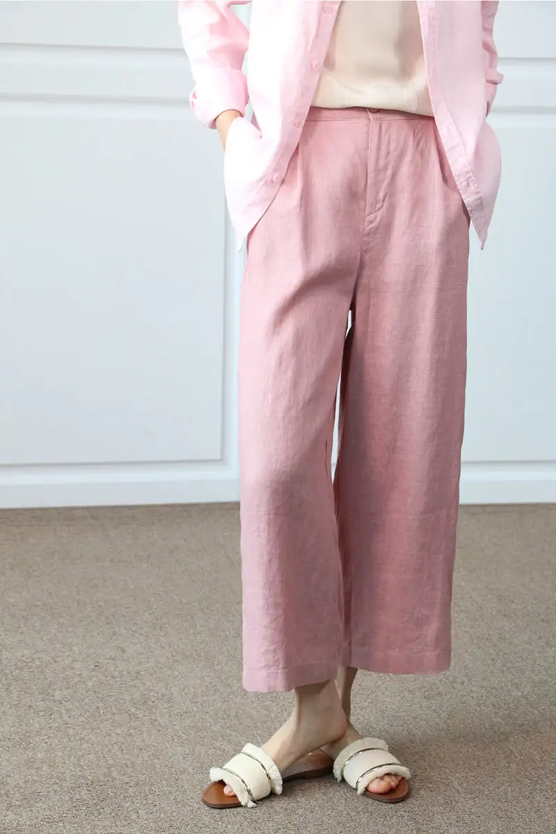 Elevated Linen Cotton Wide Leg Elastic Waist Pocketed Trousers