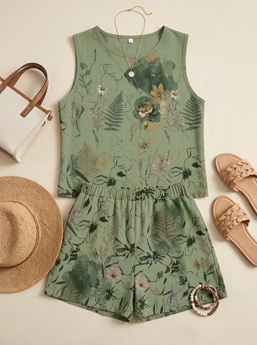 Women's Botanical Floral Fern Printed Sleeveless Short Set