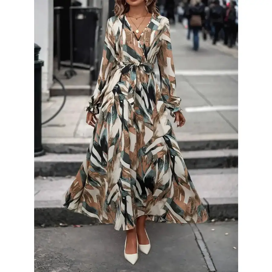 Printed Surplice Long Sleeve Maxi Dress