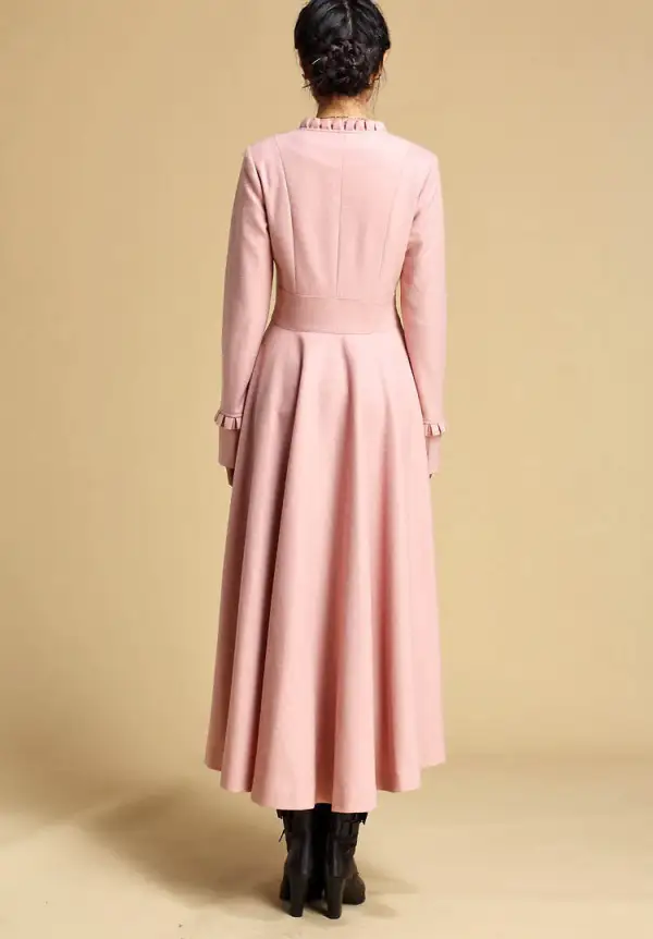 Wool Blend Fit and Flare Button Front Long Coat