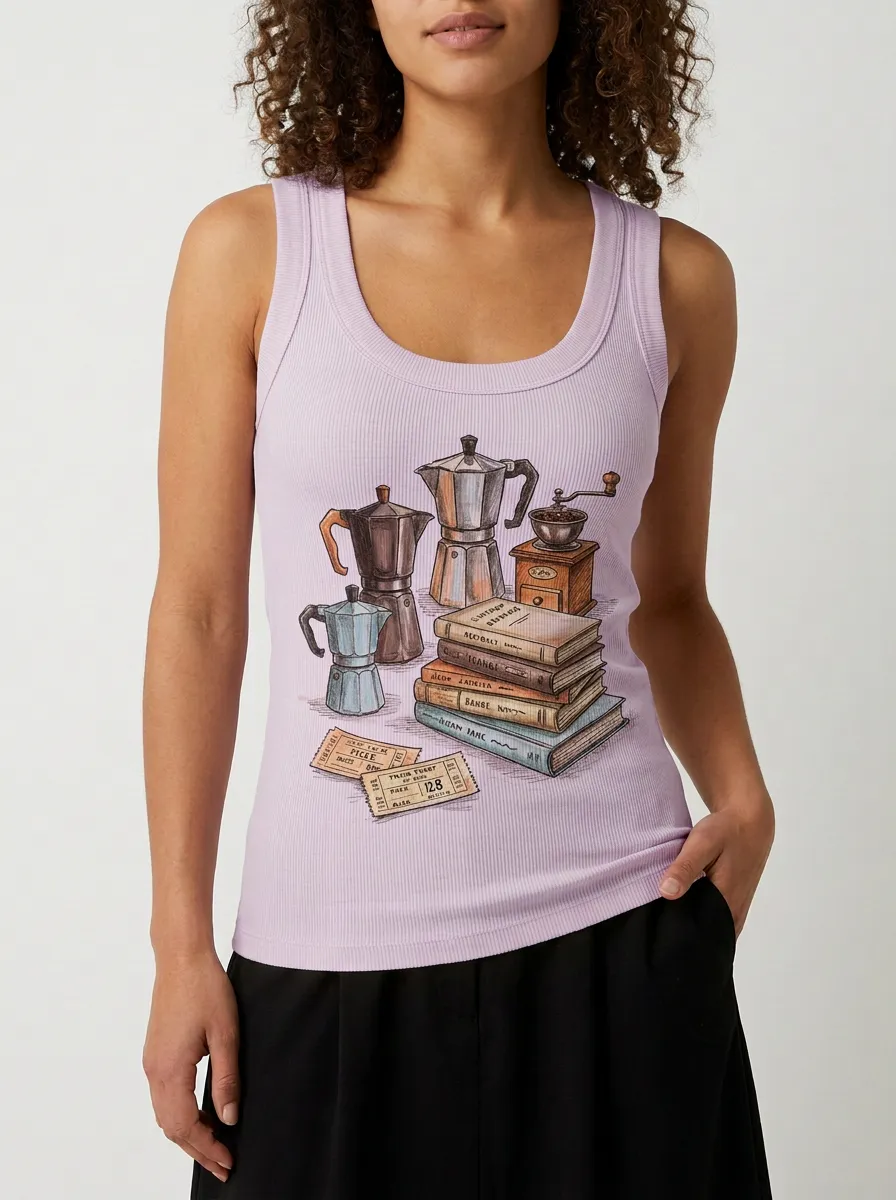 Women's Coffee Bookworm Moka Pot Graphic Tank Top