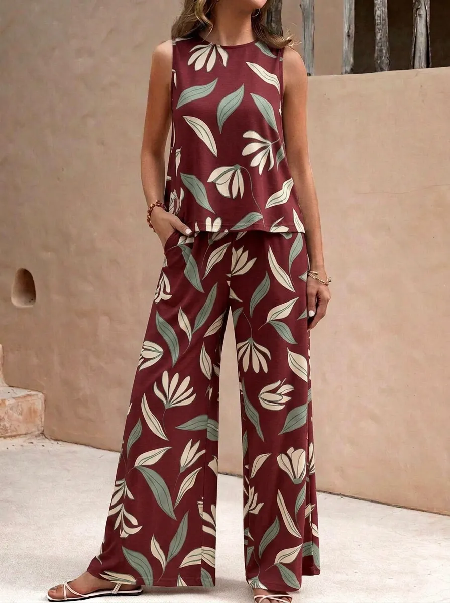 Women's Floral Leaf Print Sleeveless Top And Wide-Leg Trouser Lounge Set