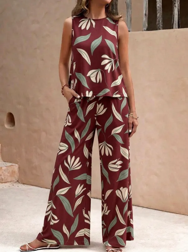 Women's Floral Leaf Print Sleeveless Top And Wide-Leg Trouser Lounge Set