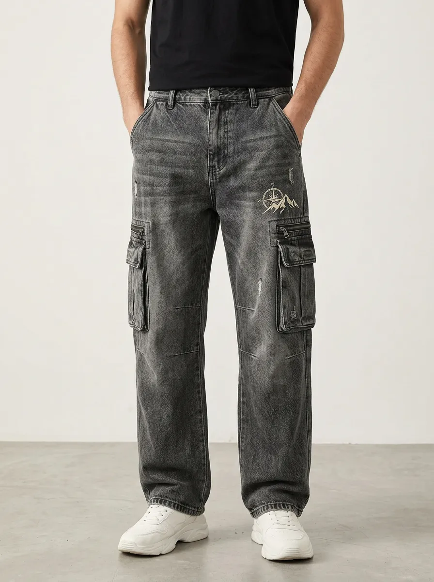 Men's Outdoor Adventure Mountain Compass Printed Cargo Jeans
