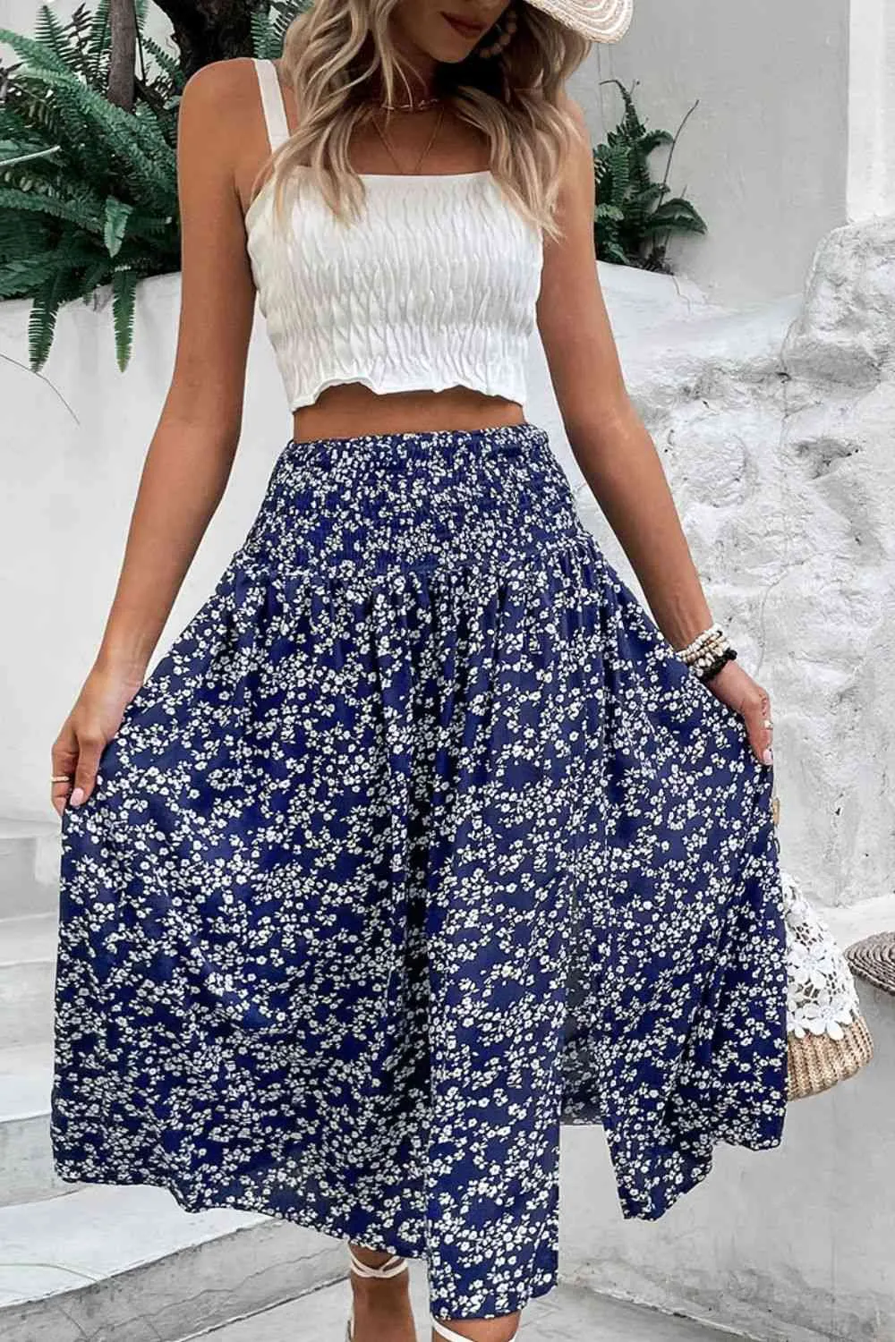 High Waist Floral Side Slit Skirt
