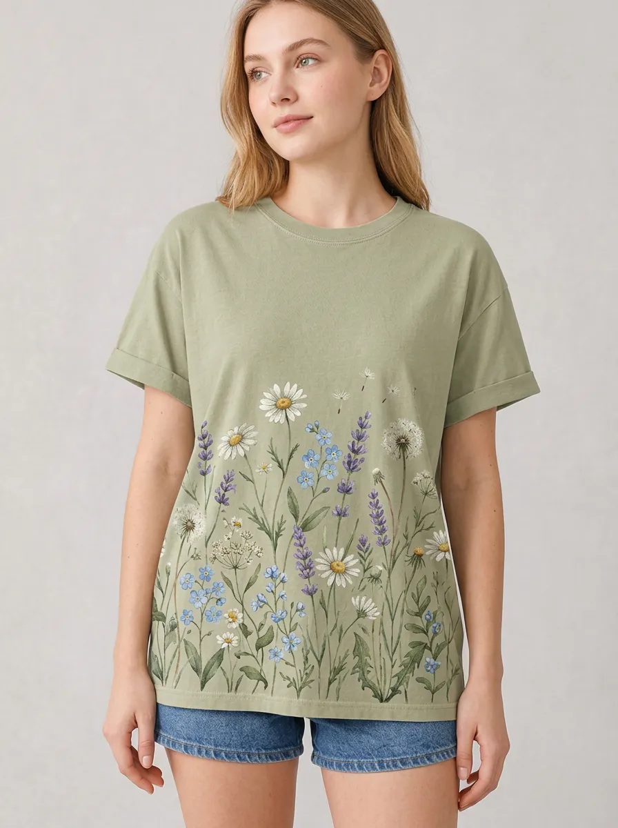 Women's Floral Graphic Crewneck T-Shirt Crewneck Rolled-Cuff