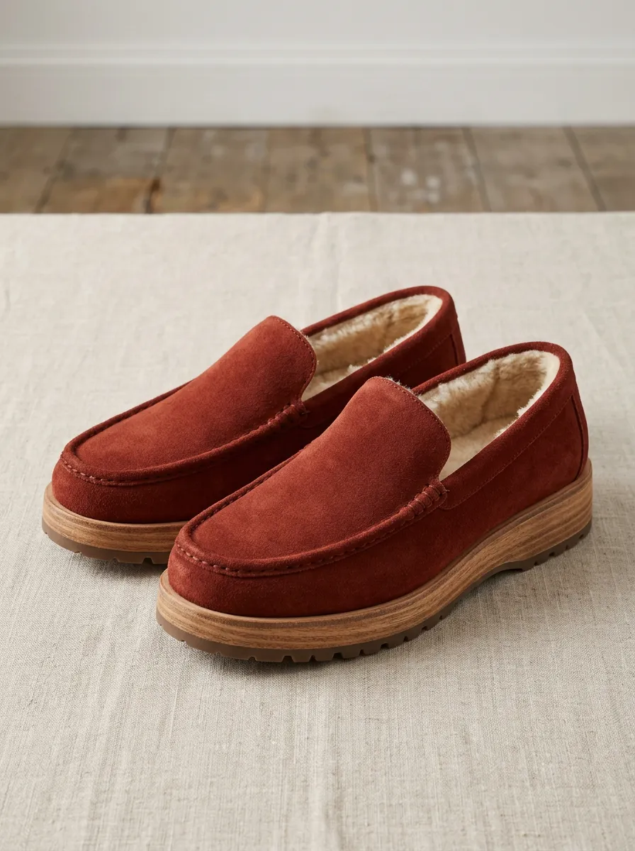 Women's Outdoor Faux Fur Lined Platform Suede Wood Sole Loafers