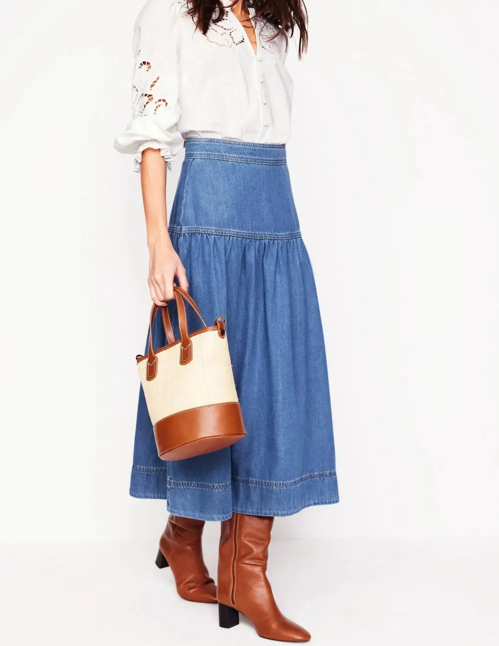 Yoke Detail Denim Midi Skirt