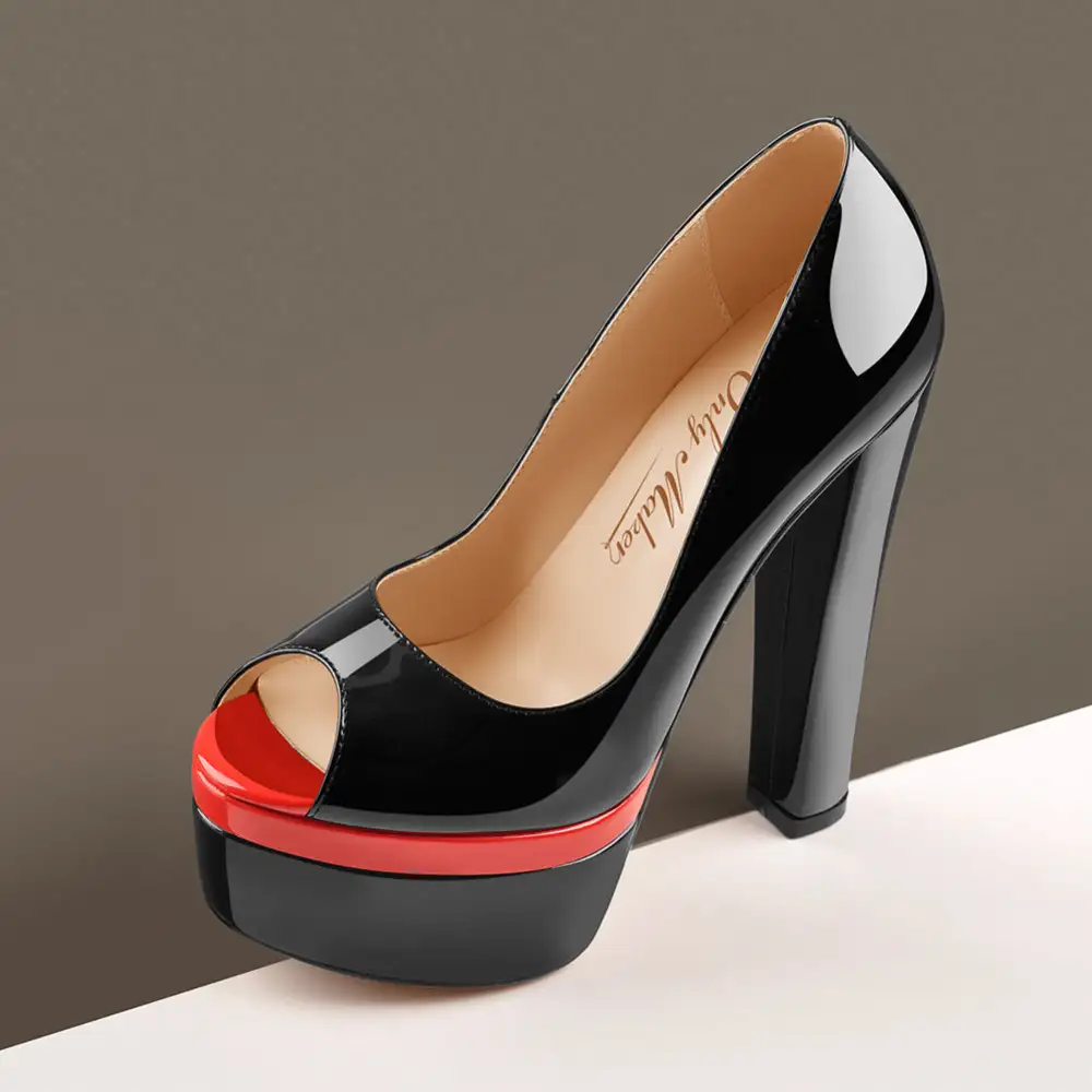 Peep Toe Double Platform Chunky Heel Pumps