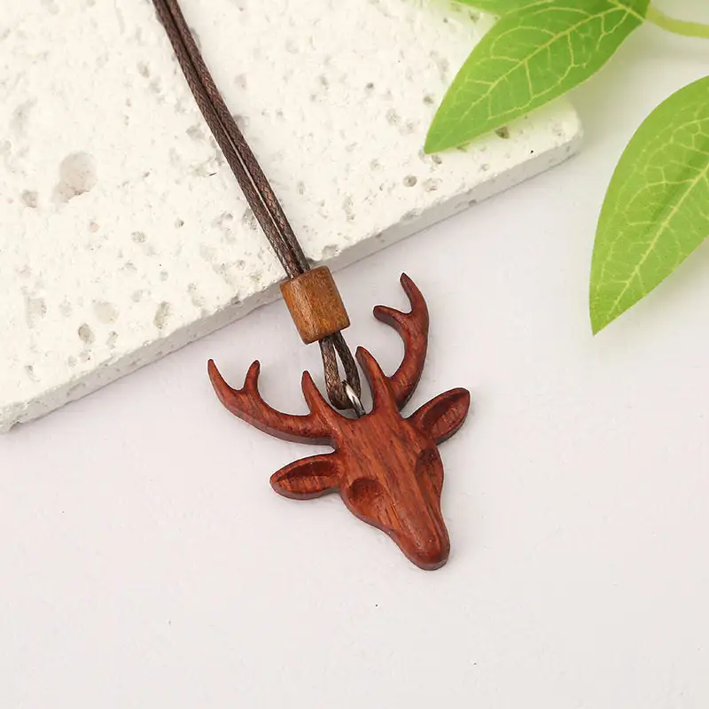 Deer Pendant Necklace Keychain Bag Charm Wooden Retro Accessory