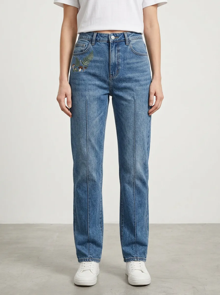 Women's Fern Mushroom Embroidered Right-Hip Whiskered High-Rise Straight-Leg Jeans