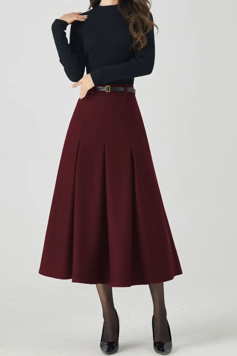 Artful Wool Blend Pleated A Line High Waist Midi Skirt