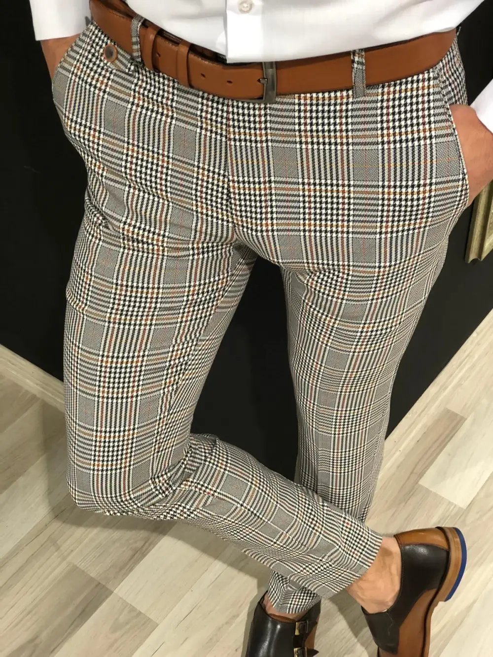 Refined Textured Slim Fit Plaid Tailored Trousers
