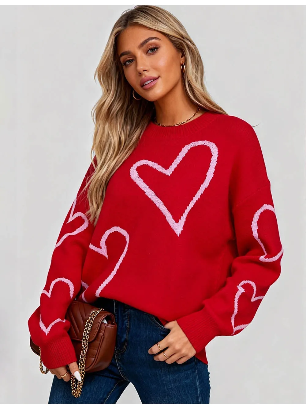 Valentine Heart Pattern Round Neck Long Sleeves Sweater