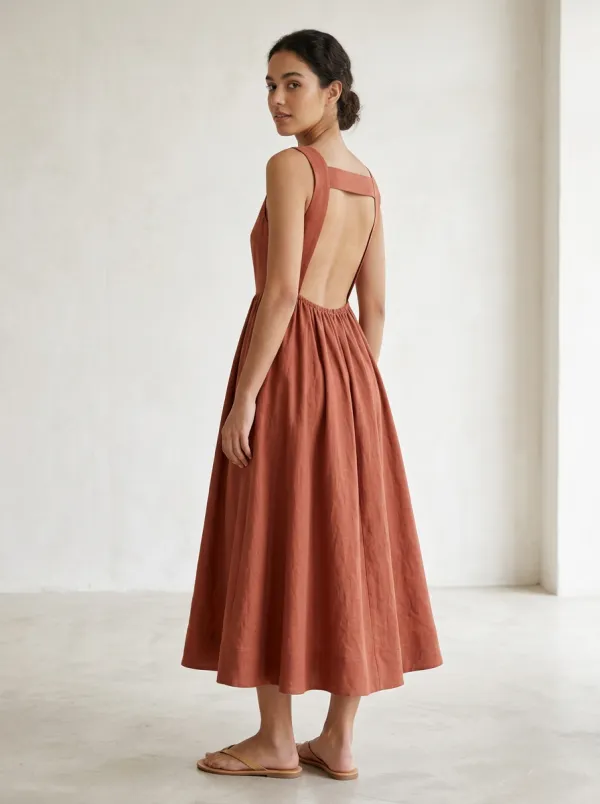 Women's Daytime Casual Linen Midi Backless Dress