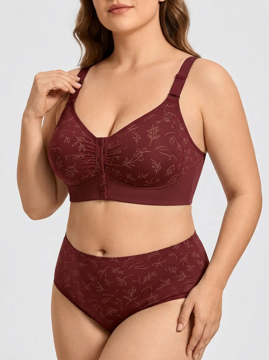 Women's Plus Size Sage Green Front-Closure Wireless Bra & Brief Set