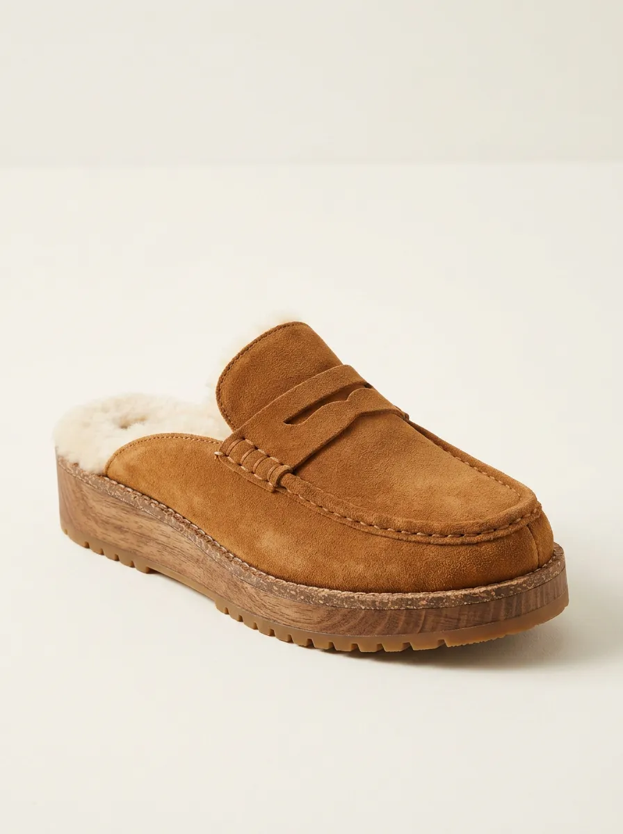 Women's Utility Faux Fur Lined Platform Casual Suede Wood Sole Loafers