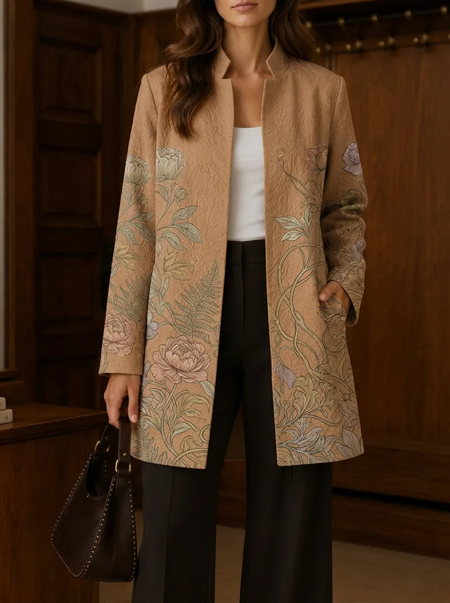 Women's Vintage Botanical Floral Printed Open Front Jacket