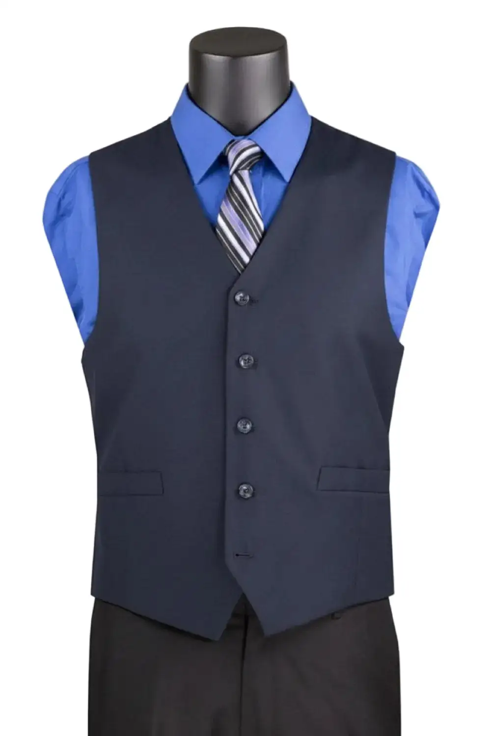 Navy Slim Fit Textured Solid Single Breasted Five Button Dress Vest