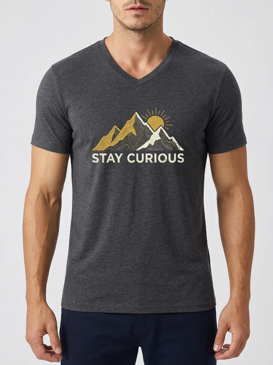 Men's Outdoor Adventure Stay Curious Mountain Sun Printed V-neck T-shirt