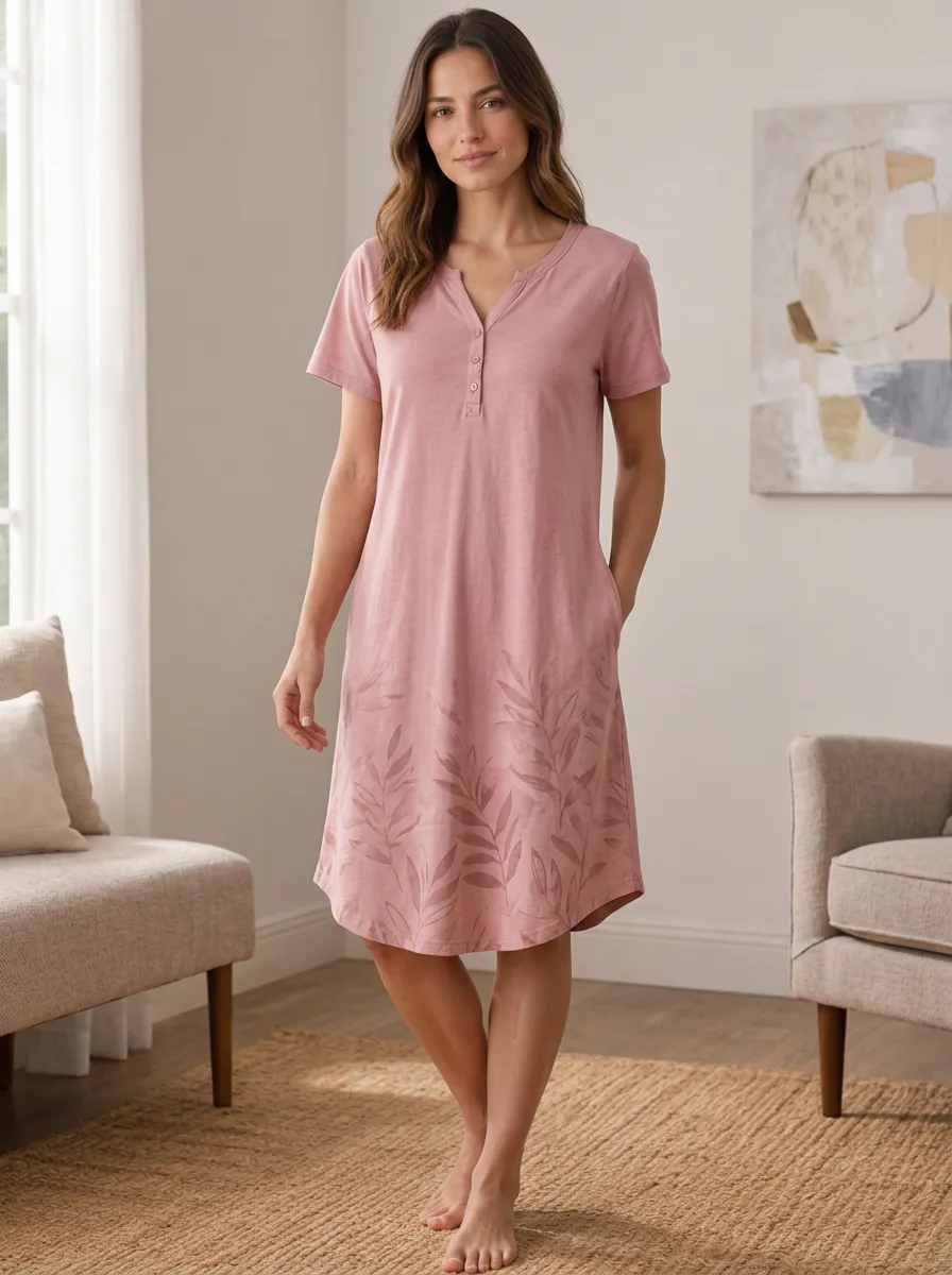 Women's Casual Botanical Leaf Printed Henley Tunic Dress