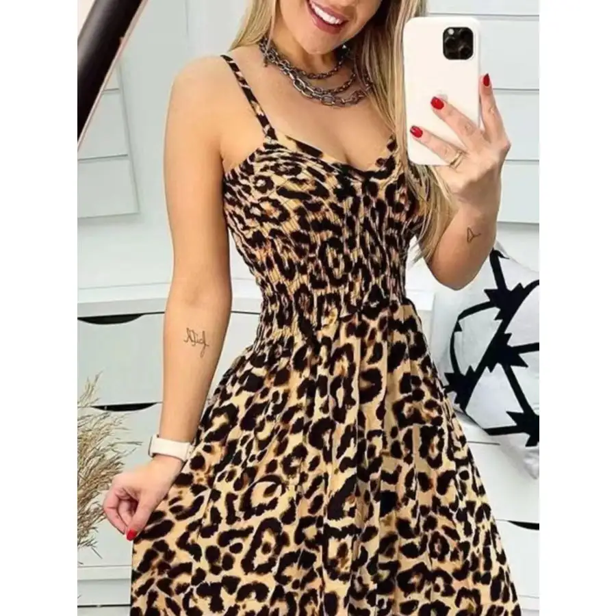 Full Size Leopard Print Spaghetti Strap Maxi Dress Plus Size