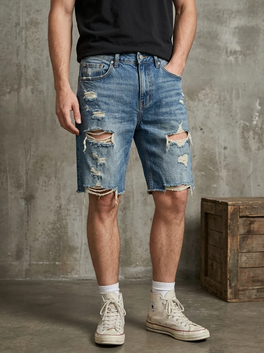 Men's Five Pocket Ripped Denim Shorts