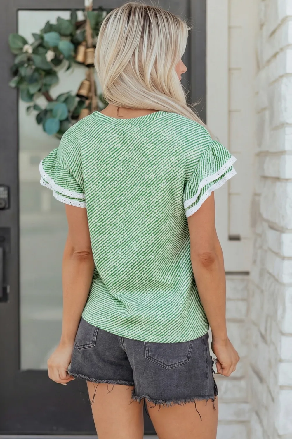 Aqua Twilled Print Lace Blouse
