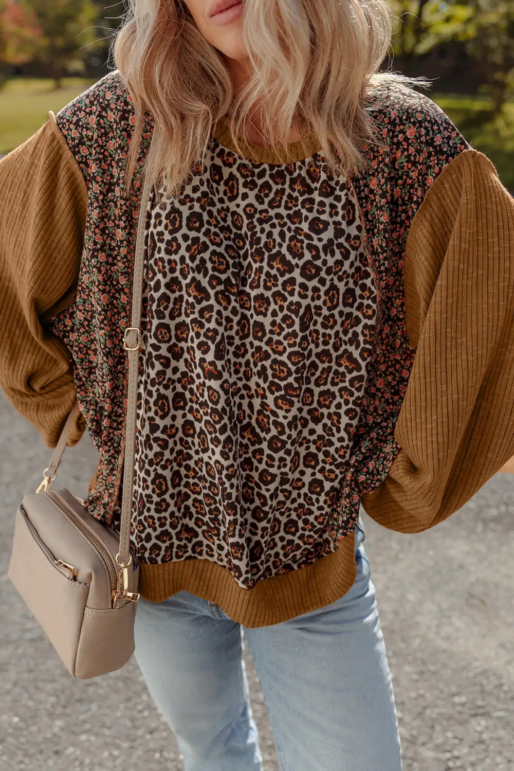 Women's Leopard Print Floral Print Ribbed Pullover Top