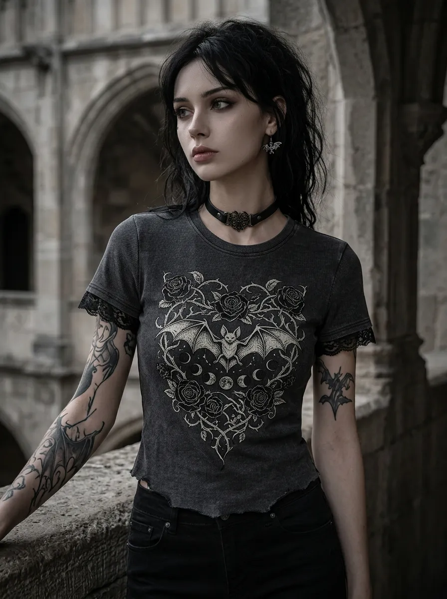 Underground Bat Rose Moon Collection Women's Gothic T-Shirt