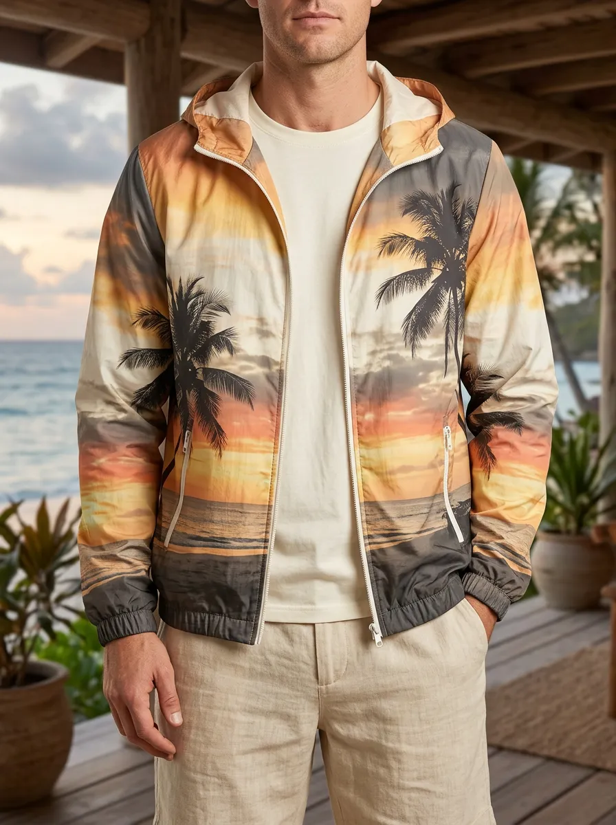 Men's Tropical Beach Sunset Palm Tree Relaxed Summit Jacket