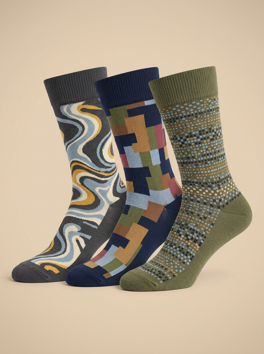 Men's Geometric Abstract Pattern Three-Pack Grid Socks