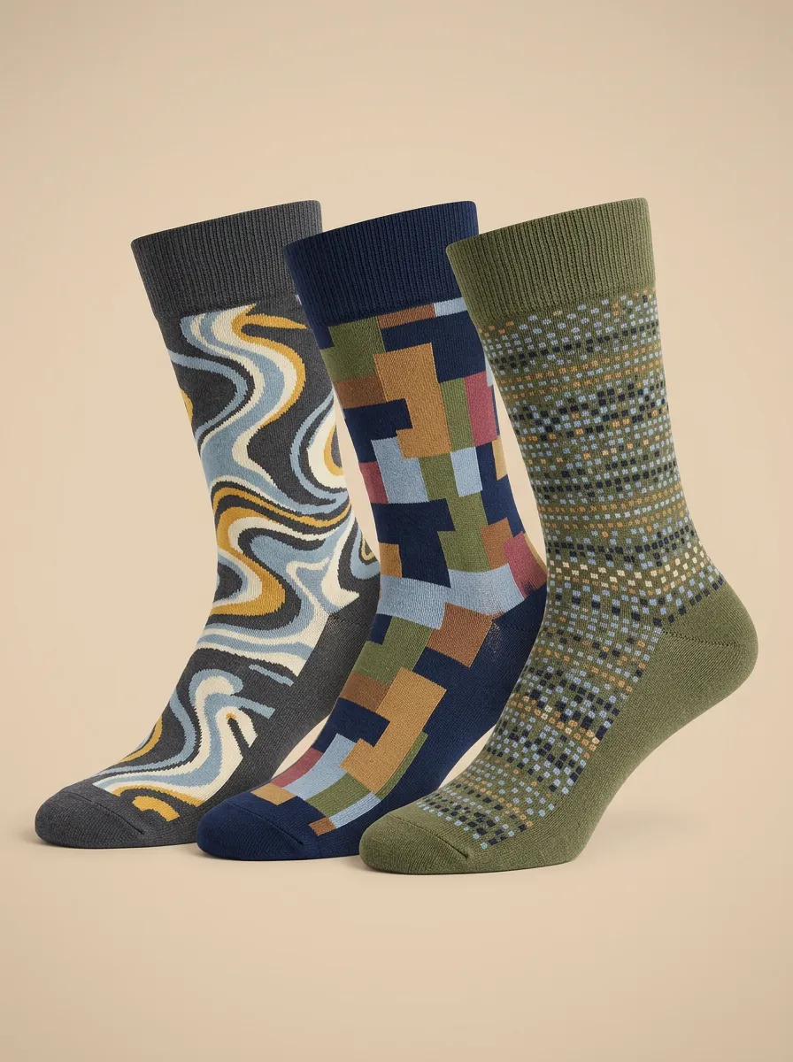 Men's Geometric Abstract Pattern Three-Pack Grid Socks