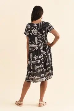 Abstract Cotton Pleated Round-Neck Short-Sleeve A-Line Knee-Length Dress