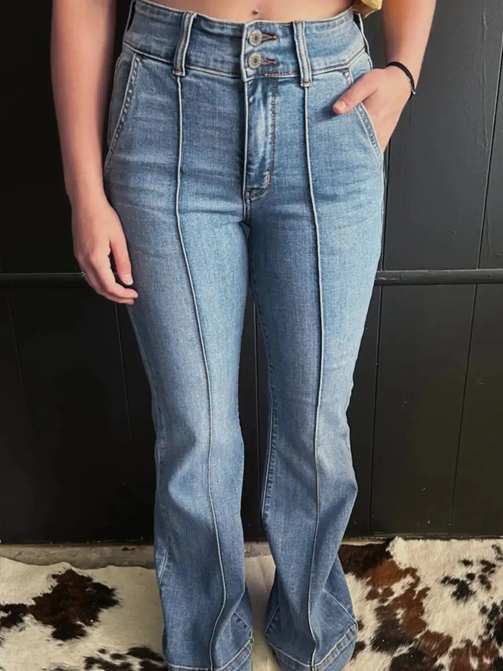 High Waisted Flared Seam Detail Denim Jeans