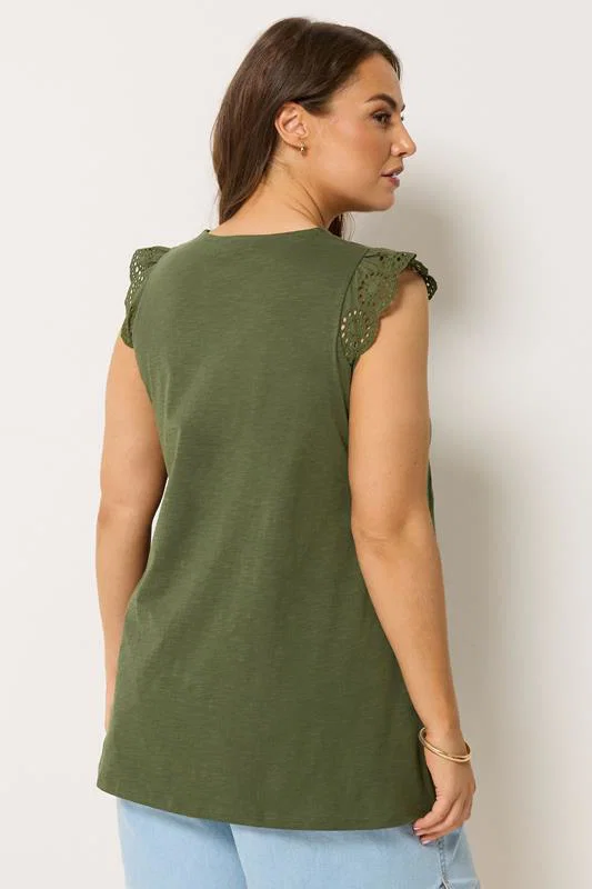 Khaki Green Broderie Frill Vest Top detail 3