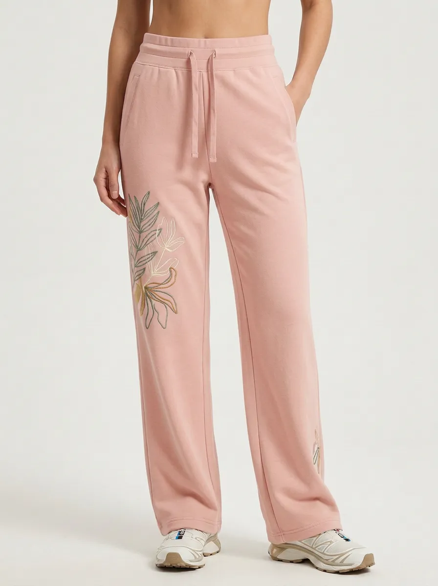 Women's Beige Elastic Waist Side Pockets Wide-Leg Sweatpants