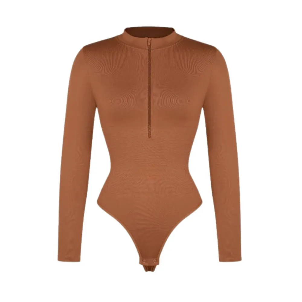 Zip Front Long Sleeve Thong Bodysuit