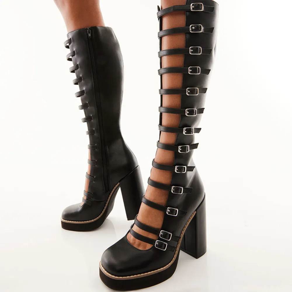 Faux-Leather Buckle-Detail Zip-Up Square-Toe Knee-High Boots
