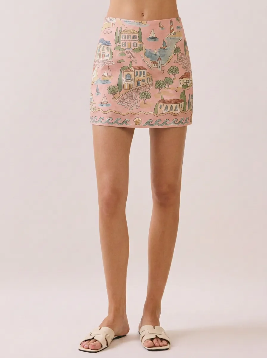 Women's Mediterranean Coastal Village Seaside Printed Mini Skirt