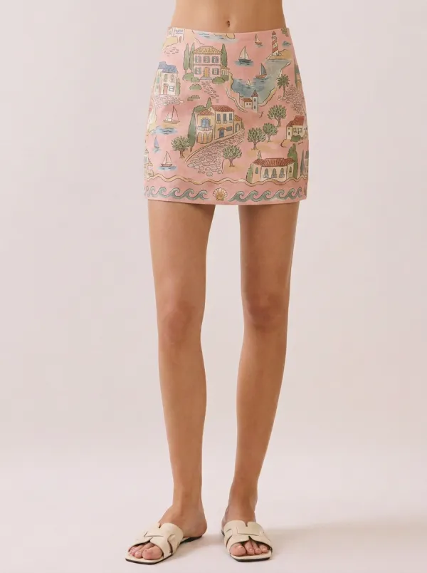 Women's Mediterranean Coastal Village Seaside Printed Mini Skirt