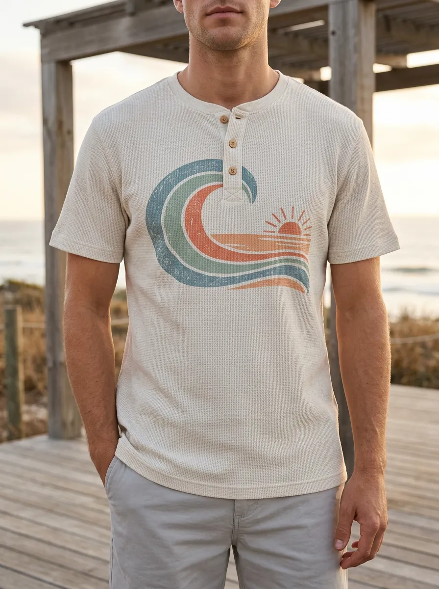 Men's Beach Lover Retro Wave Sunset Printed Henley T-shirt