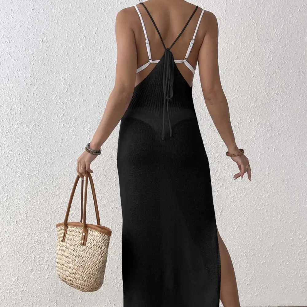 Women's V-Neck Spaghetti-Strap Mesh Slit Maxi Dress