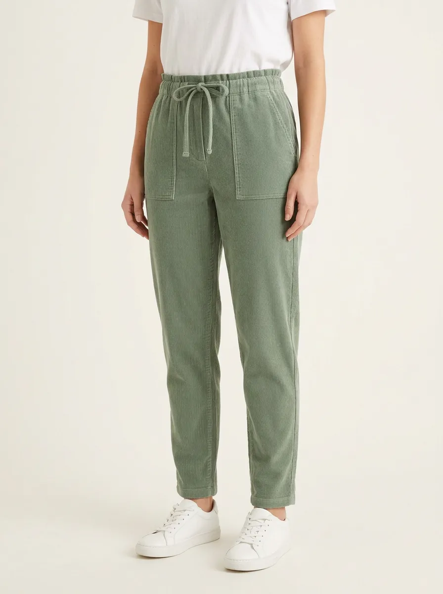 Women's Topstitched Patch-Pocket Drawstring Tapered Corduroy Pants